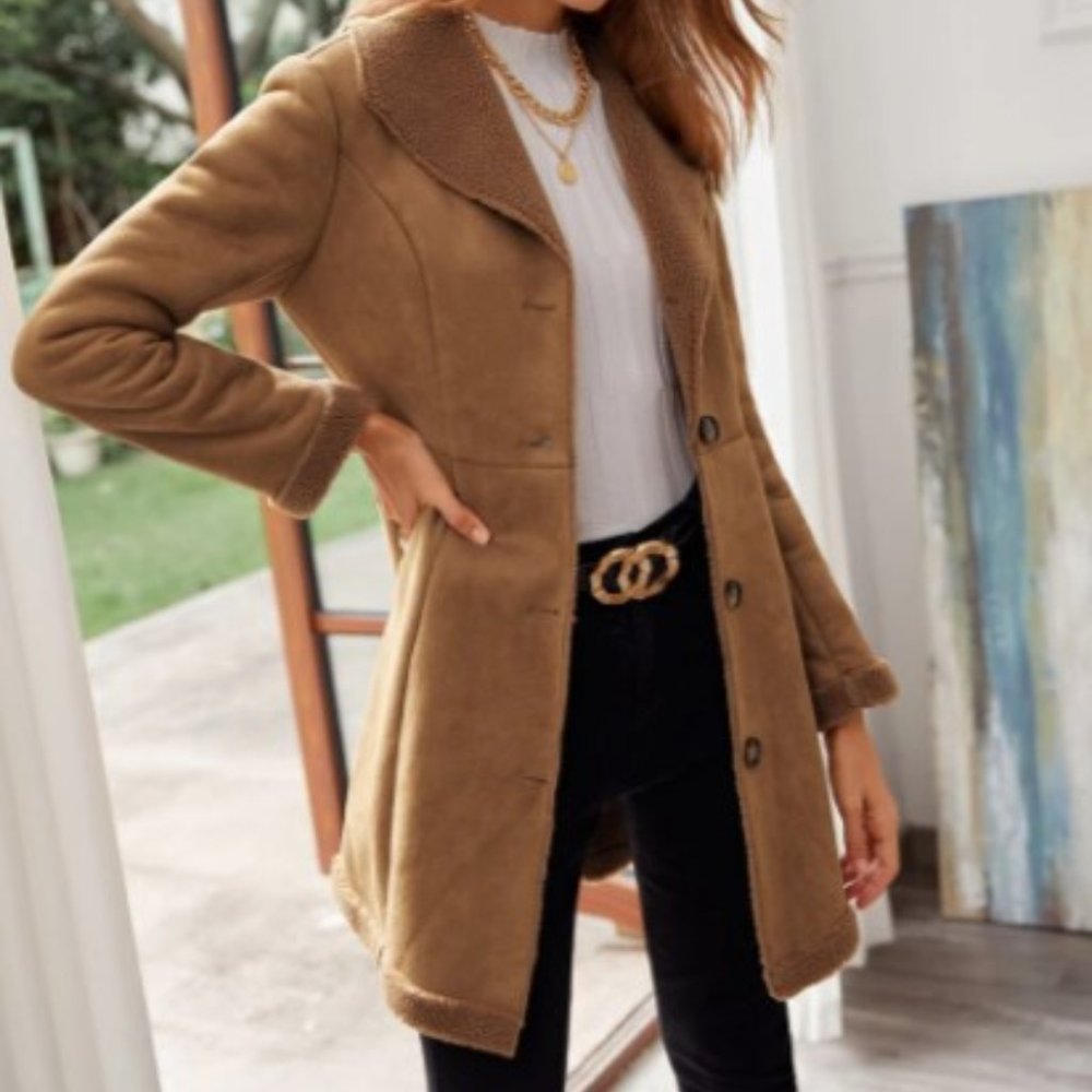 Faux Shearling Detail Button Front Suede Coat